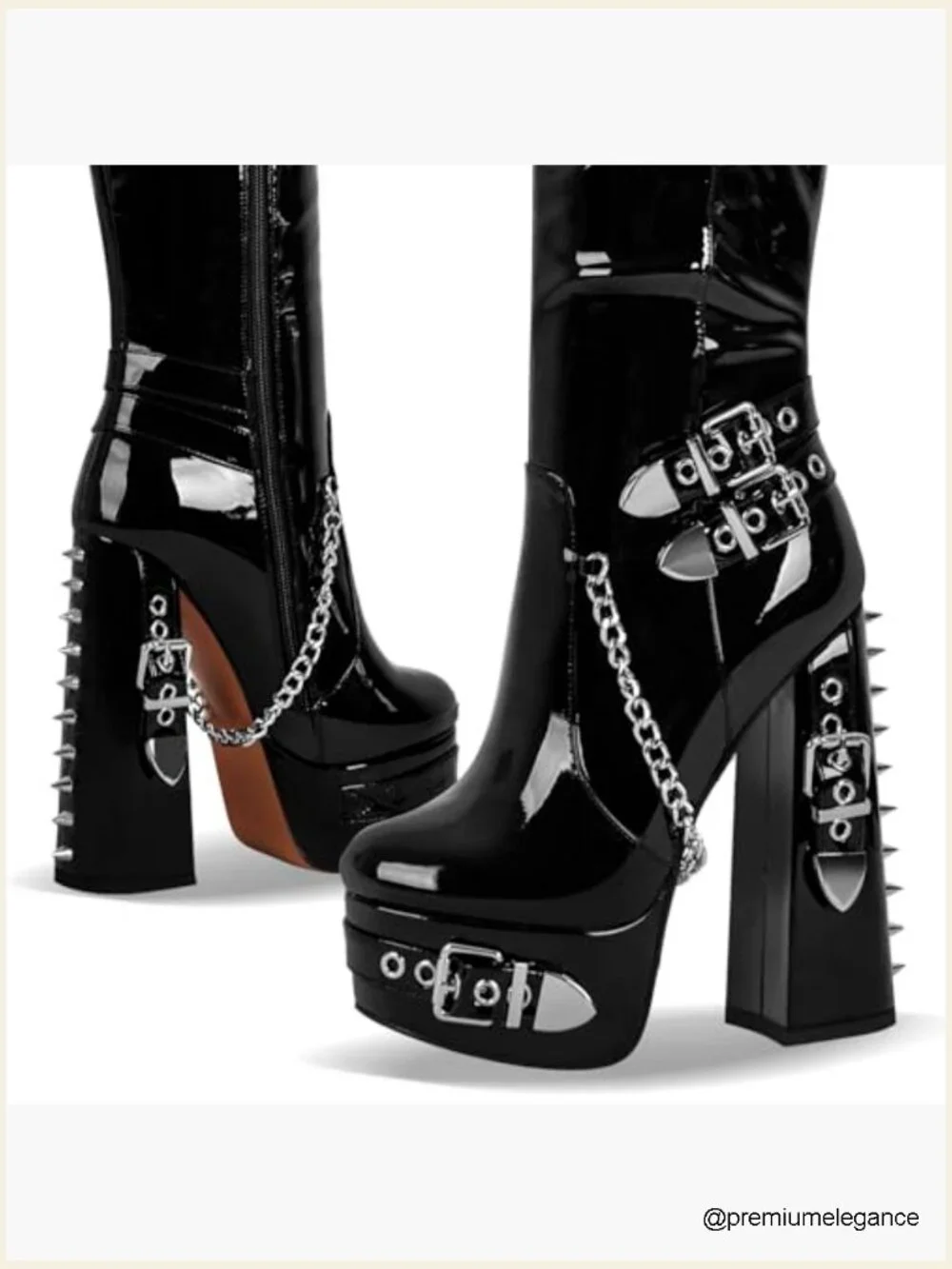 Thigh High Platform Heel Boots Block Heels Zip Side Rivets Chains